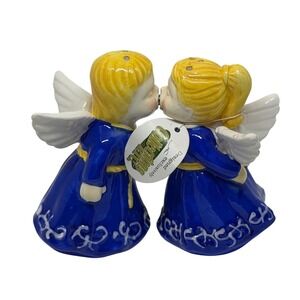 VTG Collections Etc Blue Magnetic Kissing Angel Salt Pepper Shakers Set Ceramic